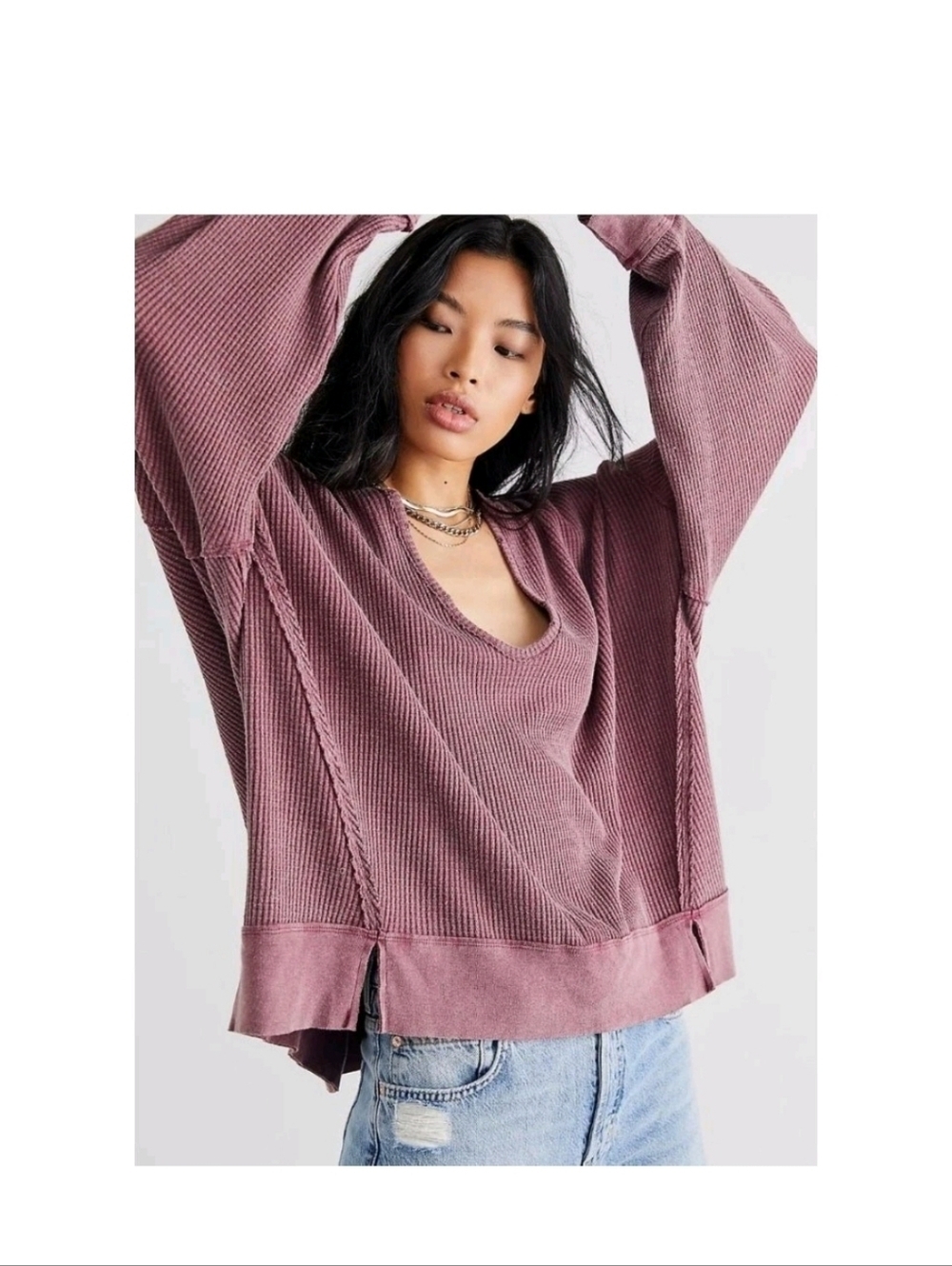 We The Free Womens Washed Purple Buttercup Oversized Waffle Knit Thermal XS